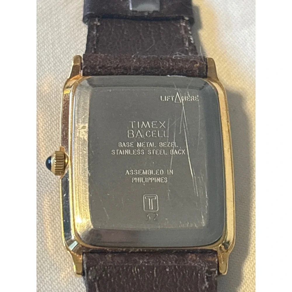 Timex Quartz Watch Unisex Gold Rectangular Brown Leather Strap selling for parts